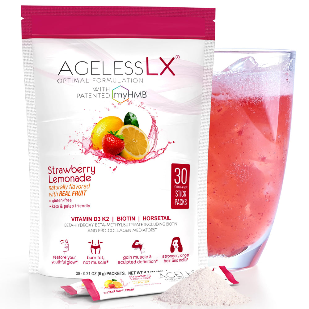 AgelessLX powder tub closeup illustrating lean muscle support.