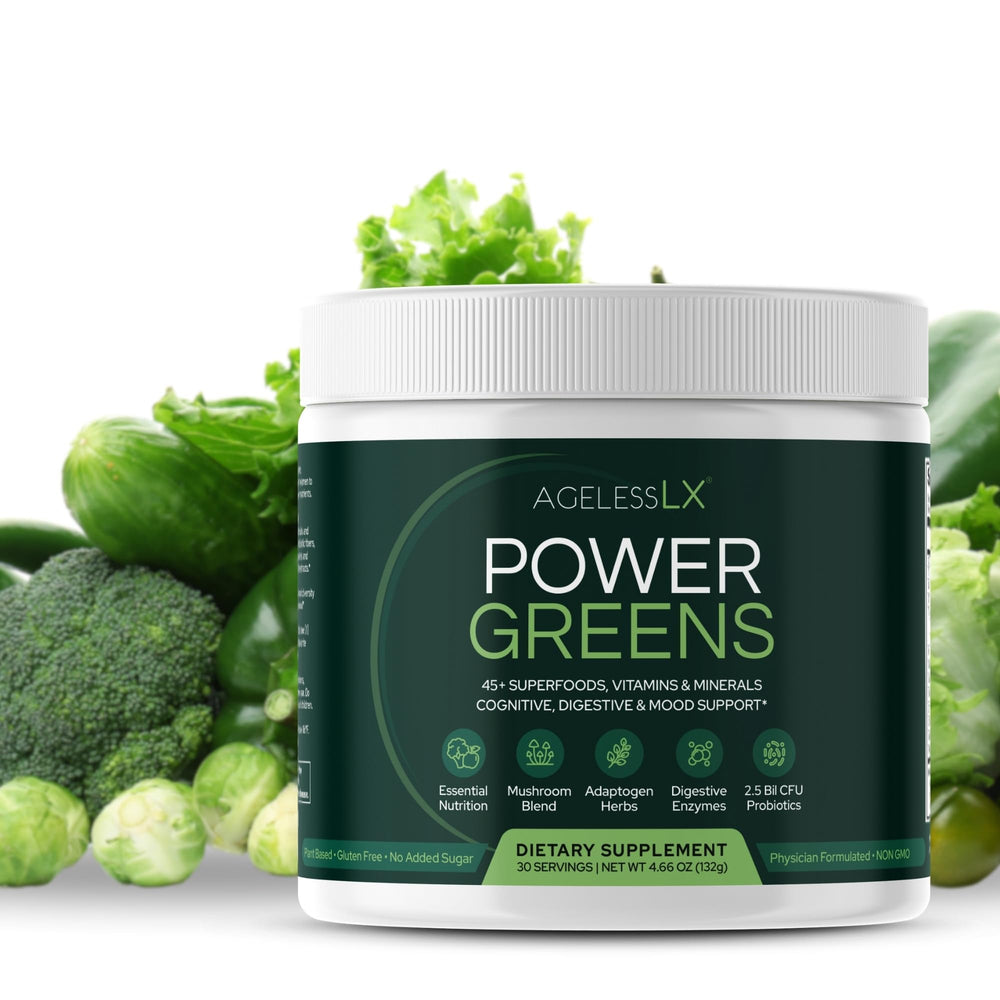 AgelessLX Power Greens bottle pour shows quick energy support for busy mornings