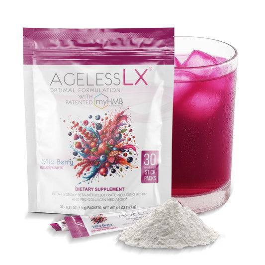 AgelessLX Wild Berry powder bottle for daily wellness support
