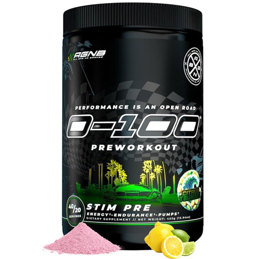 AGNB 0-100 pre-workout tub front showcases Citrus Tsunami branding for energy