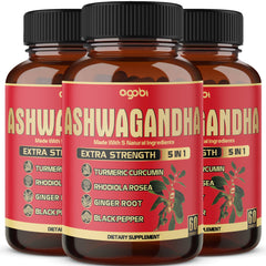 Agobi Ashwagandha ginger-turmeric bottle showing a five-in-one formula for daily energy and mood balance.