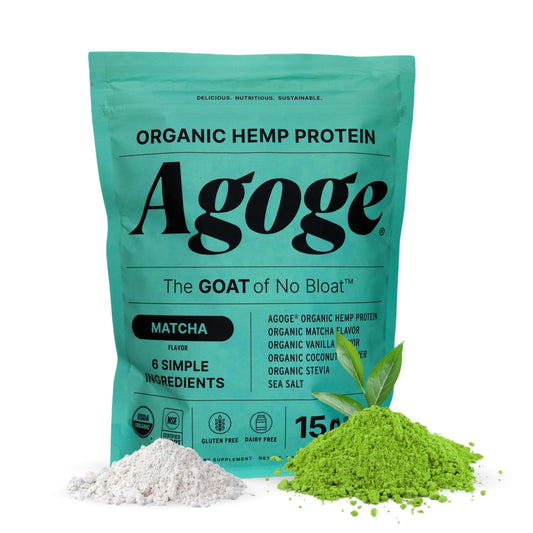 Agoge Matcha Hemp Protein Powder tub — energizing post-workout shake option.