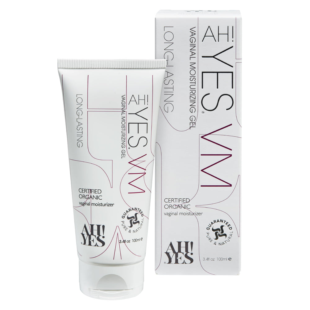 AH! YES VM bottle close-up highlights organic formula designed for comfortable vaginal hydration.