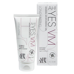 AH! YES VM bottle close-up highlights organic formula designed for comfortable vaginal hydration.