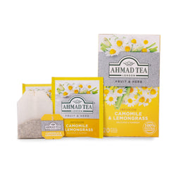 Hot cup of Ahmad Tea Camomile & Lemongrass with soothing aroma