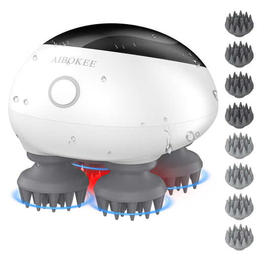 AIBOKEE electric scalp massager showing 360-degree kneading for relaxation.