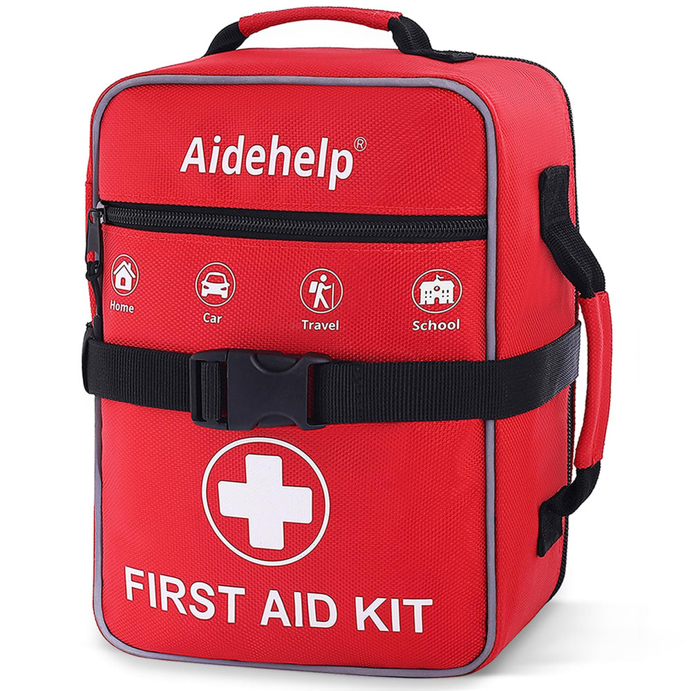 Aidehelp first aid kit opened to show organized compartments for quick access.