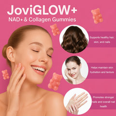AIFBENK Jovi Glow+ gummies closeup showcases tasty support for skin, hair, and nails.