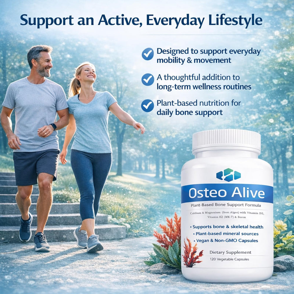AIFBENK Osteo Alive ingredients close-up highlights algae-based calcium and D3 synergy for balanced nutrition.