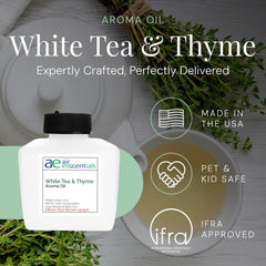 Air Esscentials aroma oil close-up with rose petals and thyme for a refined scent