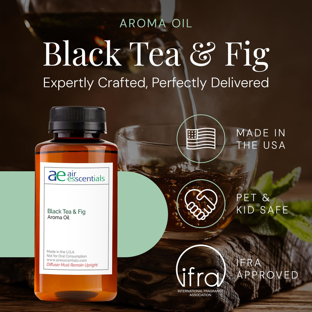 Air Esscentials Black Tea and Fig diffuser setup image with amber glass.