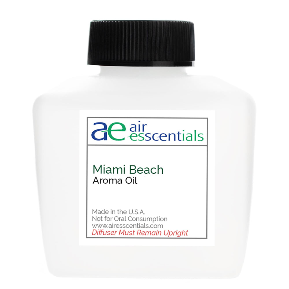 Air Esscentials Miami Beach Aroma Oil bottle showcases long-lasting scent for diffusers.