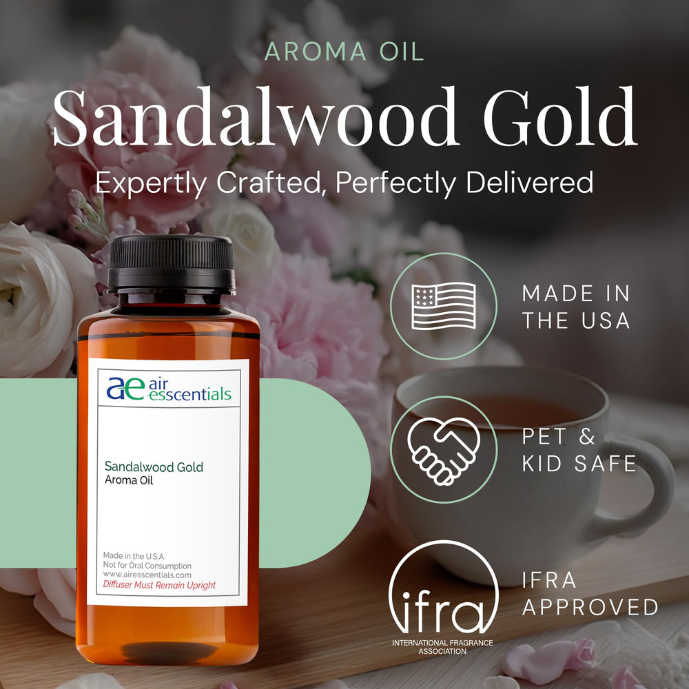 Air Esscentials Sandalwood Gold diffusion cloud in a room elevating the ambiance