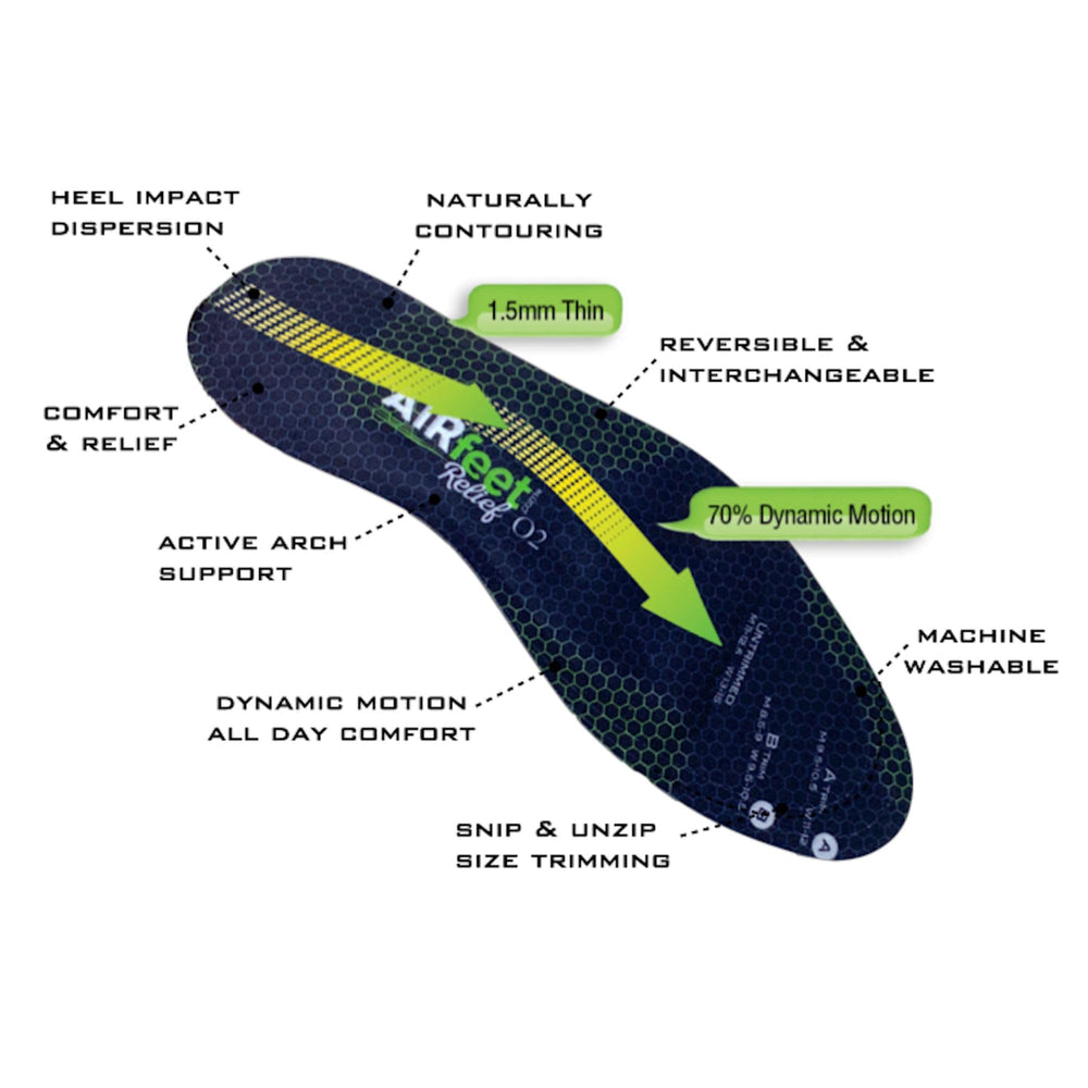 AIR FEET Relief O2 insole provides comfortable plantar fascia support.