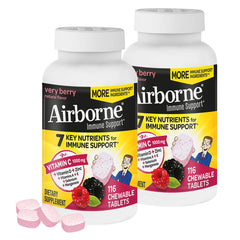 Airborne bottle front label highlights 1000 mg vitamin C and zinc for immune support on the go.