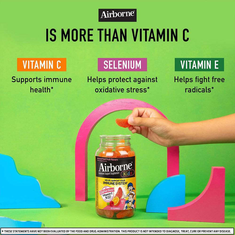 Airborne chewable vitamins kids gluten-free label on bottle.