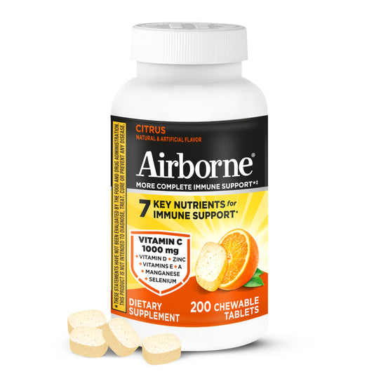 Airborne Citrus chewable tablets bottle highlights 1000mg vitamin C per serving for daily immune support.