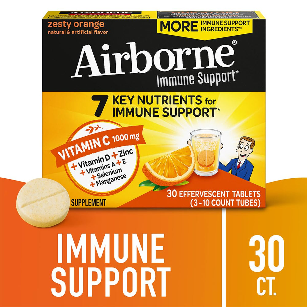 Airborne effervescent tablets dissolve quickly in water for a refreshing citrus fizz