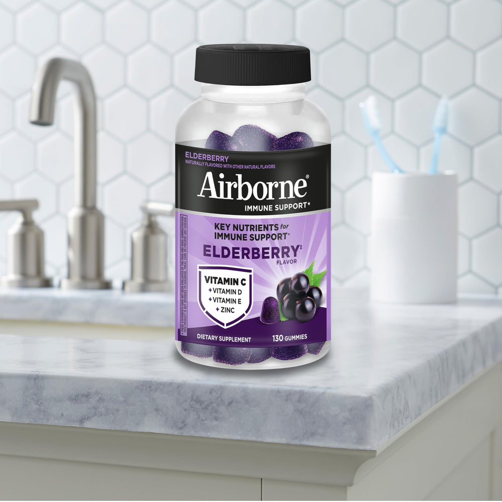 Airborne Elderberry Gummies bottle dispense shows easy dosing.