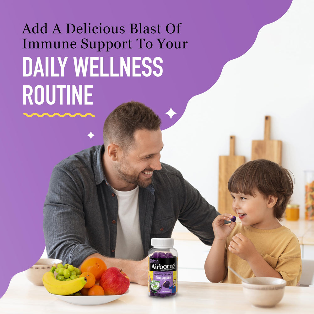 Airborne Elderberry Gummies ingredients label emphasizes vitamins and zinc.