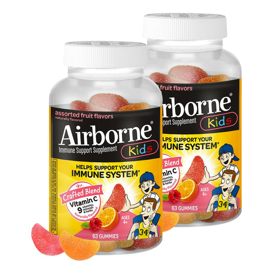 Airborne Kids 500mg Vitamin C gummies bottle showing easy daily immune support.
