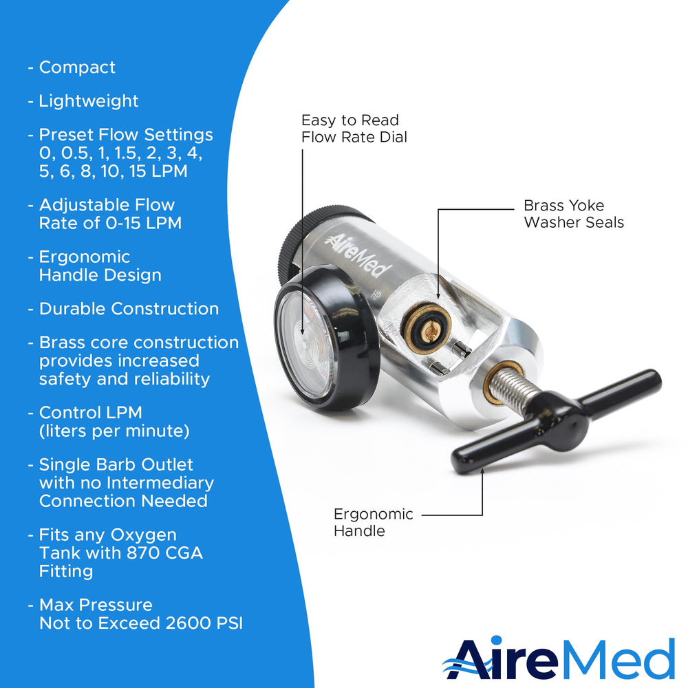 AireMed regulator gauge dial clearly displays flow settings for easy monitoring.