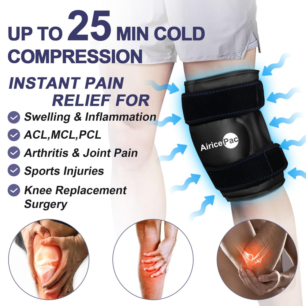 AiricePac knee wrap with dual straps providing hands-free compression.