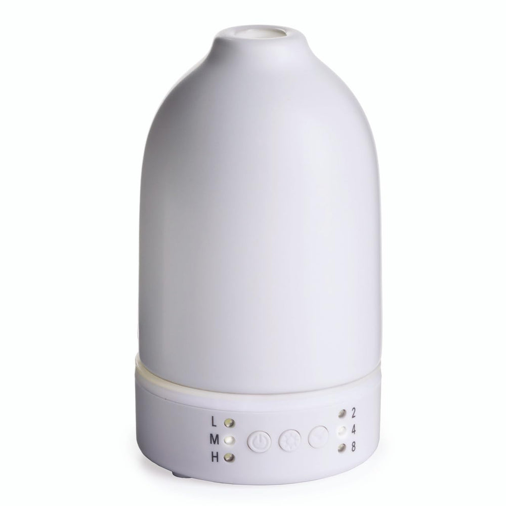 Airome Snow Diffuser with white LED provides calming ambient lighting for relaxation.