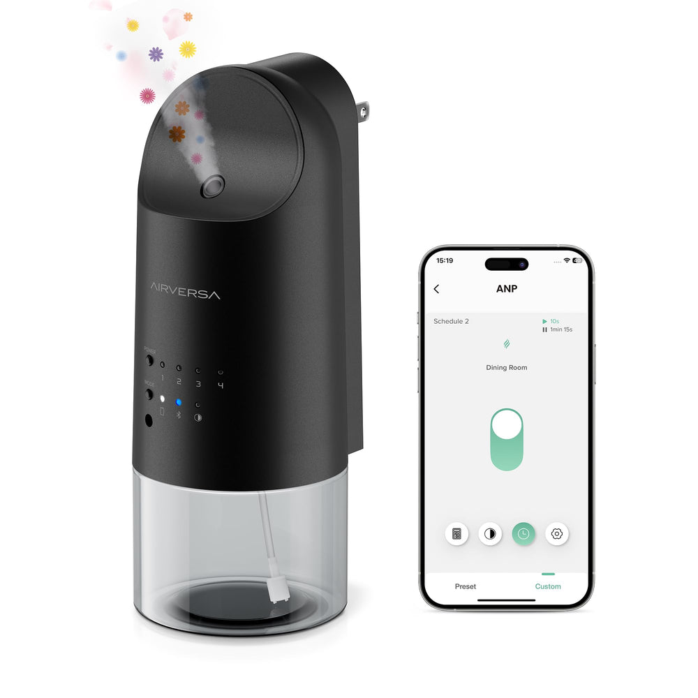 Airversa smart wall diffuser plugged in delivering continuous fragrance across rooms up to 800 sq ft