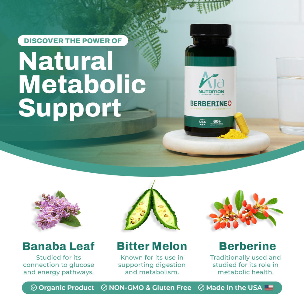 Aja Nutrition Berberine Plus capsules close-up showing 1000mg Berberine HCL per serving.