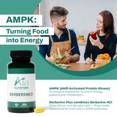 Aja Nutrition Berberine Plus herbal blend image highlighting Bitter Melon and Banaba Leaf.