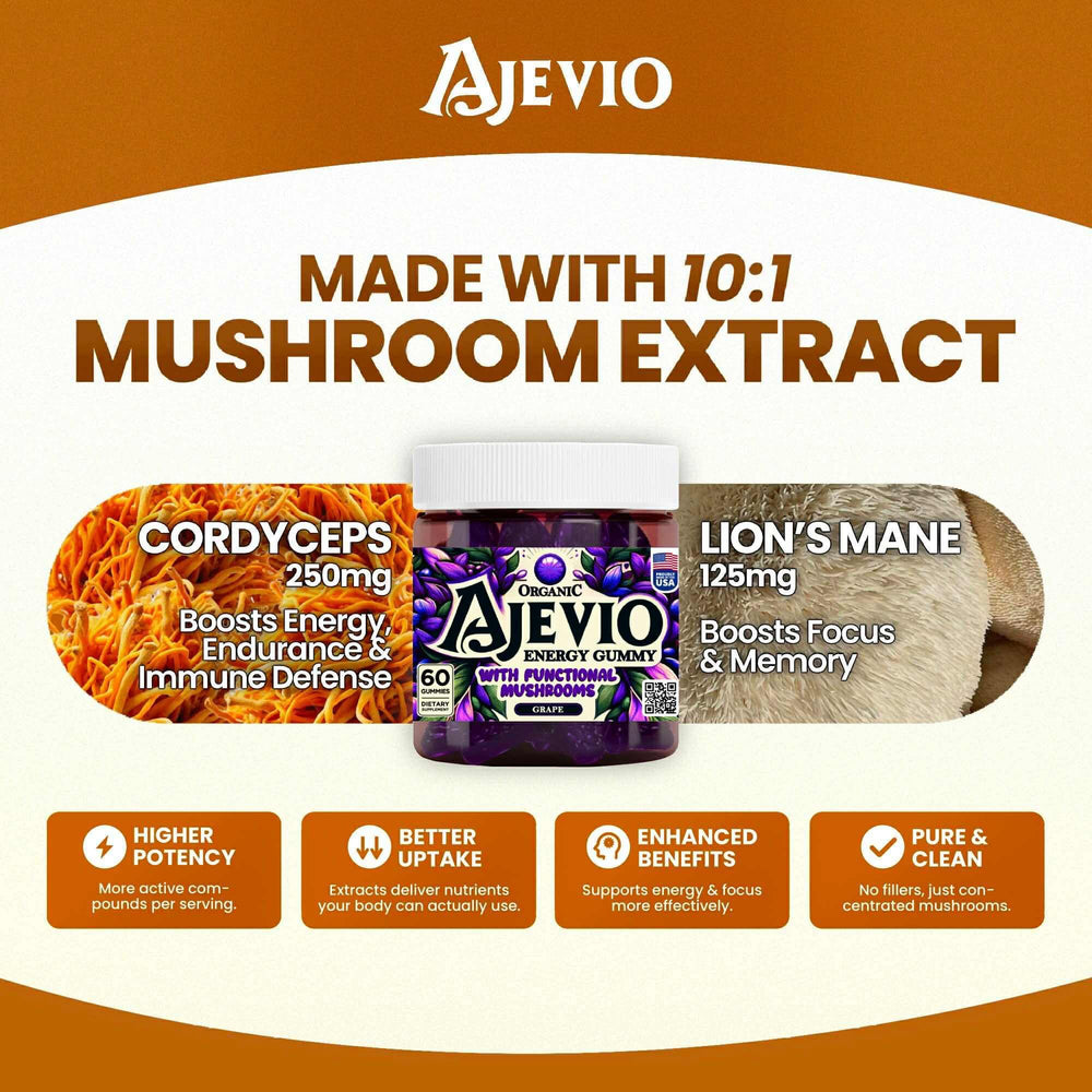 AJEVIO grape gummies packaging highlights plant-based energy for busy days