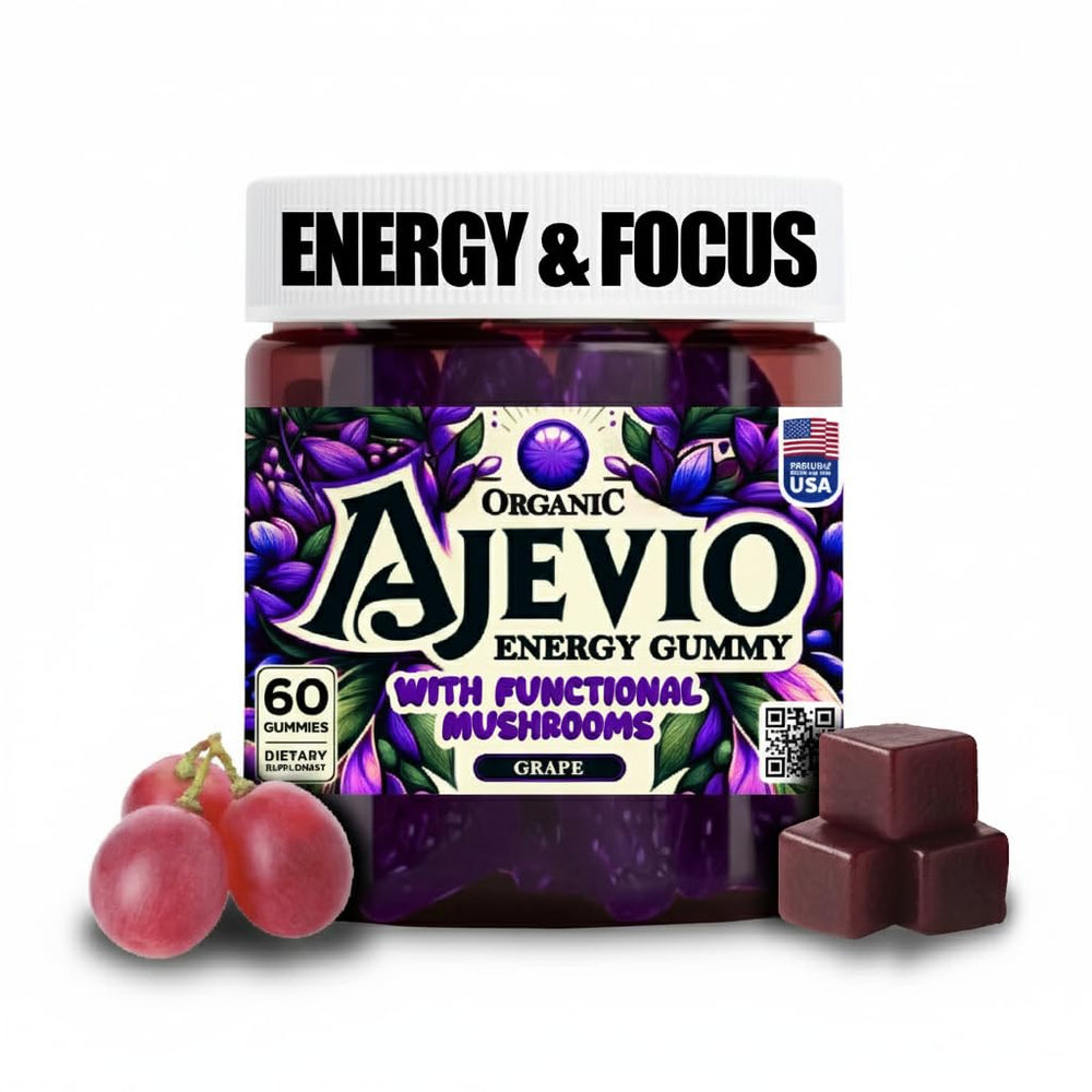 AJEVIO Mushroom Focus & Energy Gummies bottle for on-the-go focus and energy