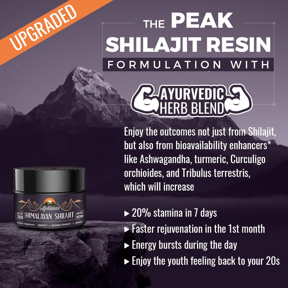 Ajoblanco Shilajit Resin with minerals and fulvic acid on a glossy surface.