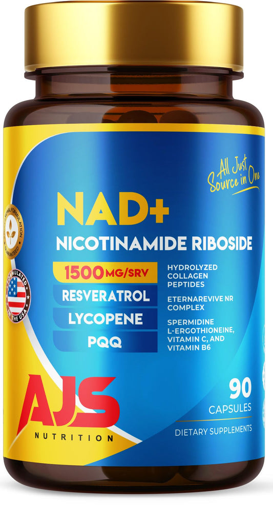 AJS NAD+ bottle front showing the label for cellular energy support