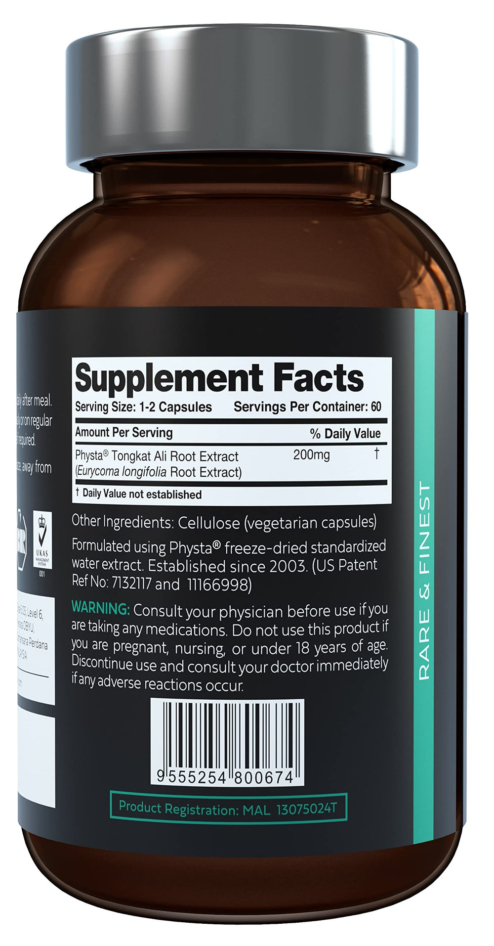 AKARALI Tongkat Ali label closeup highlighting 1.5% eurycomanone content and high-quality extract.