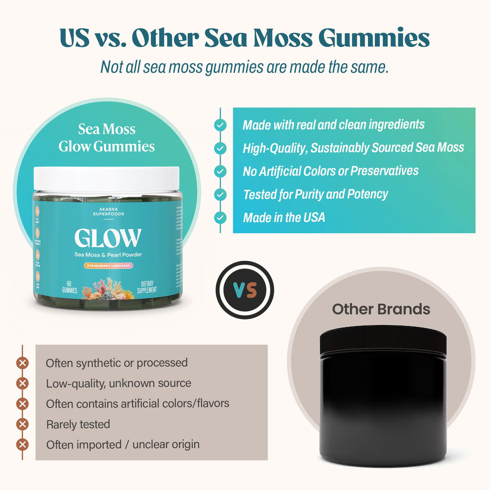 Ingredients on Akasha Sea Moss Glow Gummies package including pearl powder
