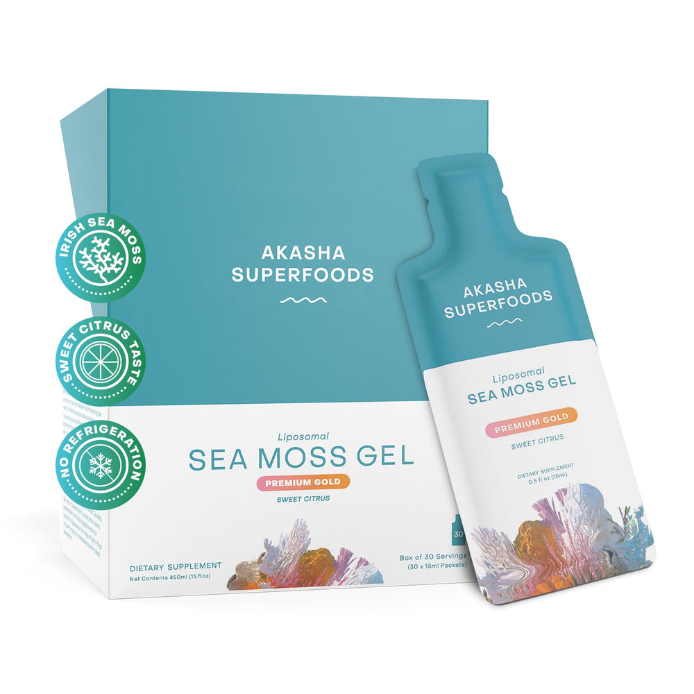 Akasha Superfoods liposomal sea moss gel sachet ready for on-the-go energy support