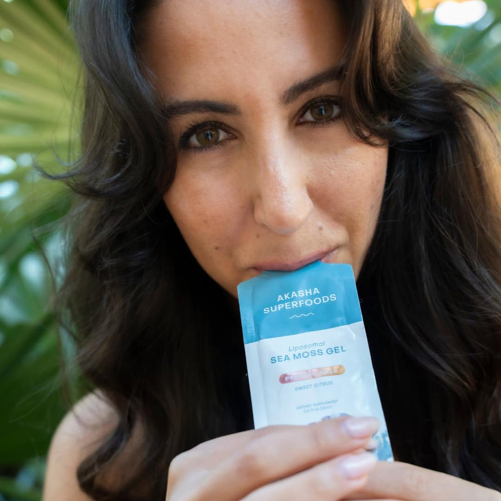 Travel-friendly Akasha Superfoods sachets in a bag for easy daily routine