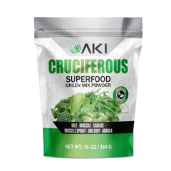 AKI Organic cruciferous green mix bottle front shows nutrient-dense blend.
