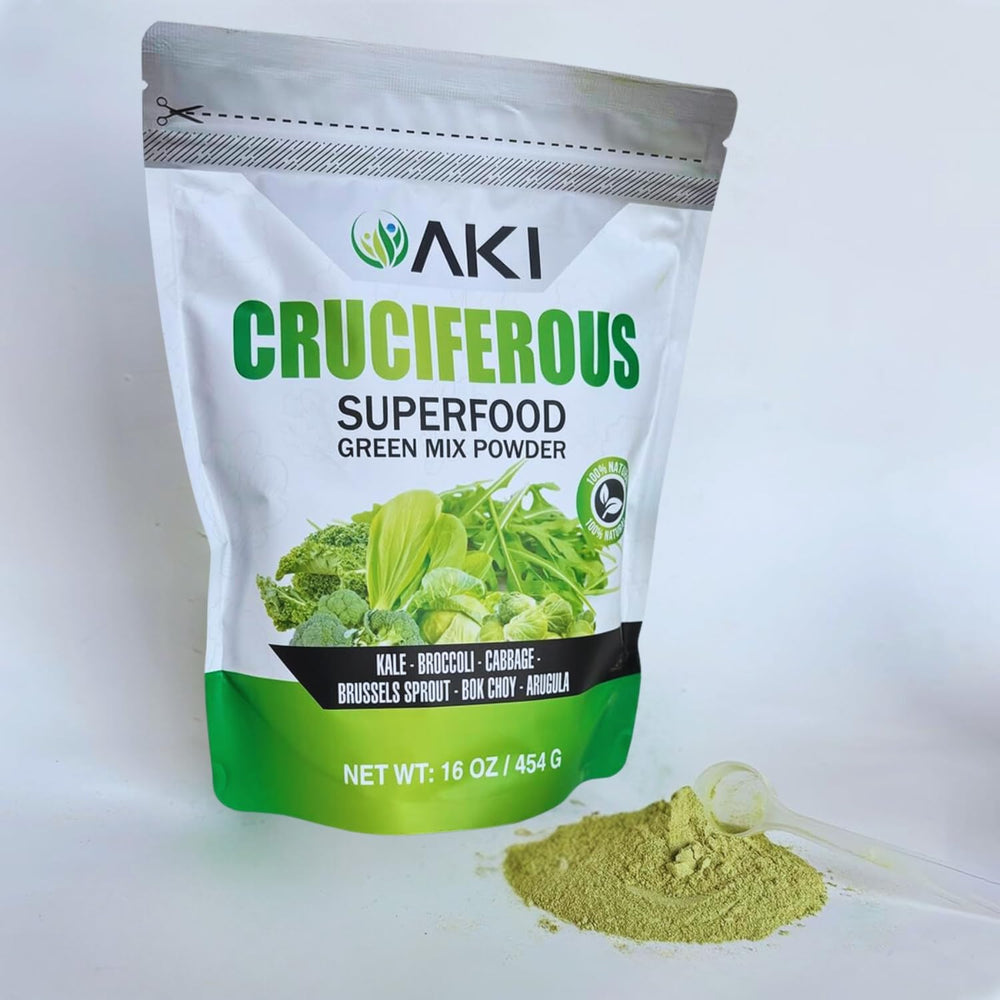 AKI Organic cruciferous green mix packaging on store shelf.