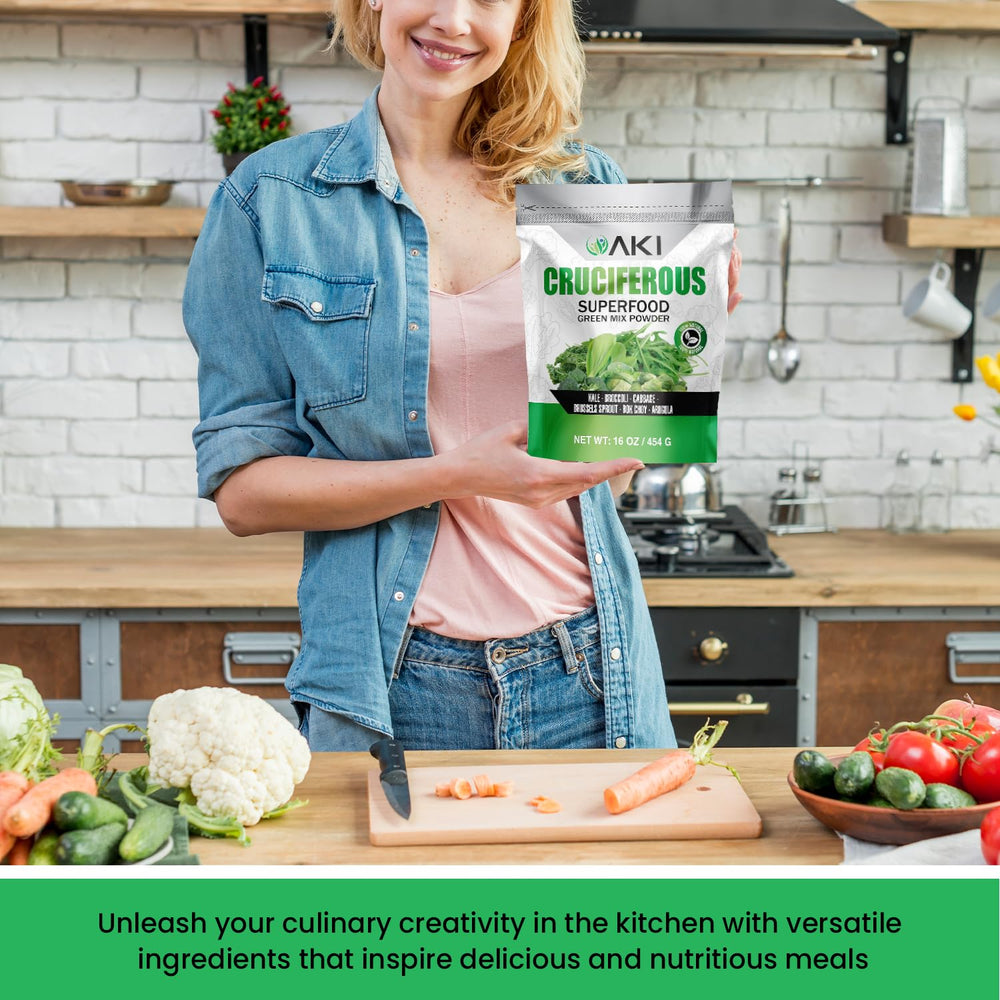 AKI Organic sugar-free non-GMO blend shown highlights clean nutrition.