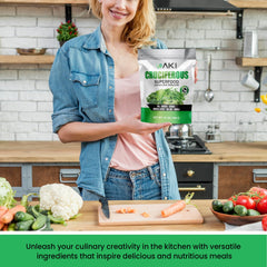 AKI Organic sugar-free non-GMO blend shown highlights clean nutrition.