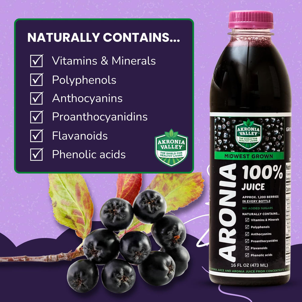 Akronia Valley Aronia Juice bottle side angle highlighting no added sugars.
