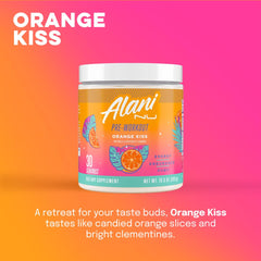 Orange KISS pre-workout glass showing refreshing, sugar-free energy.