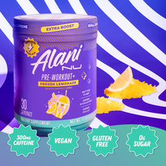 Alani Nu Pre Workout+ packaging on shelf emphasizes clear ingredients