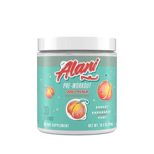 Alani Nu Juicy Peach pre-workout powder front label showing steady energy option.