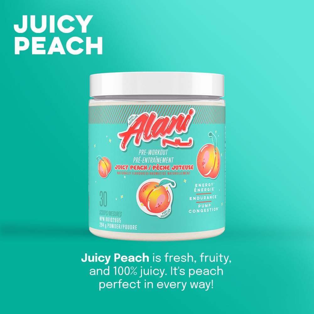 Alani Nu Juicy Peach pre-workout being mixed in a glass for quick hydration.