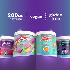 Alani Nu Juicy Peach tub highlighting vegan, sugar-free formula.