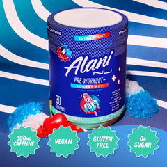 Alani Nu Pre Workout+ Rocket Pop powder dissolving in water for hydration and focus